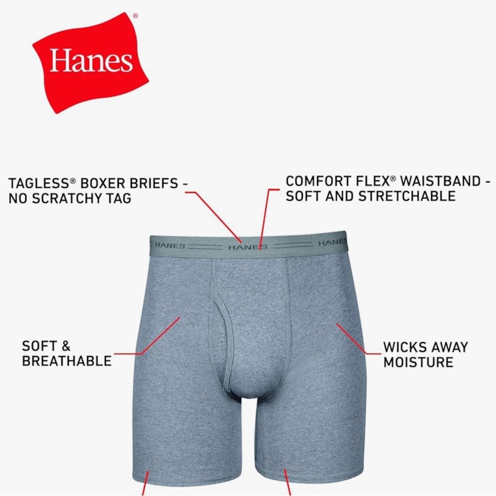 Hanes Men's Boxer Briefs 6-Pack - Black, Blue, Gray, moisture wicking 2XL new - Picture 2 of 4